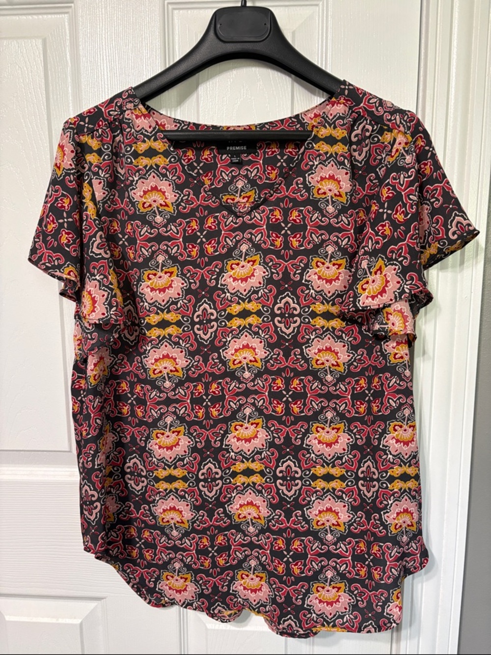 Premise Floral Short Sleeve Top in Black, Pink & Yellow